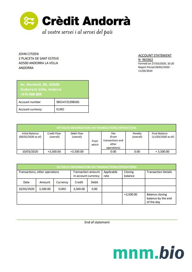 Andorra Credit Andorra wzór wyciągu bankowego in Excel and PDF format